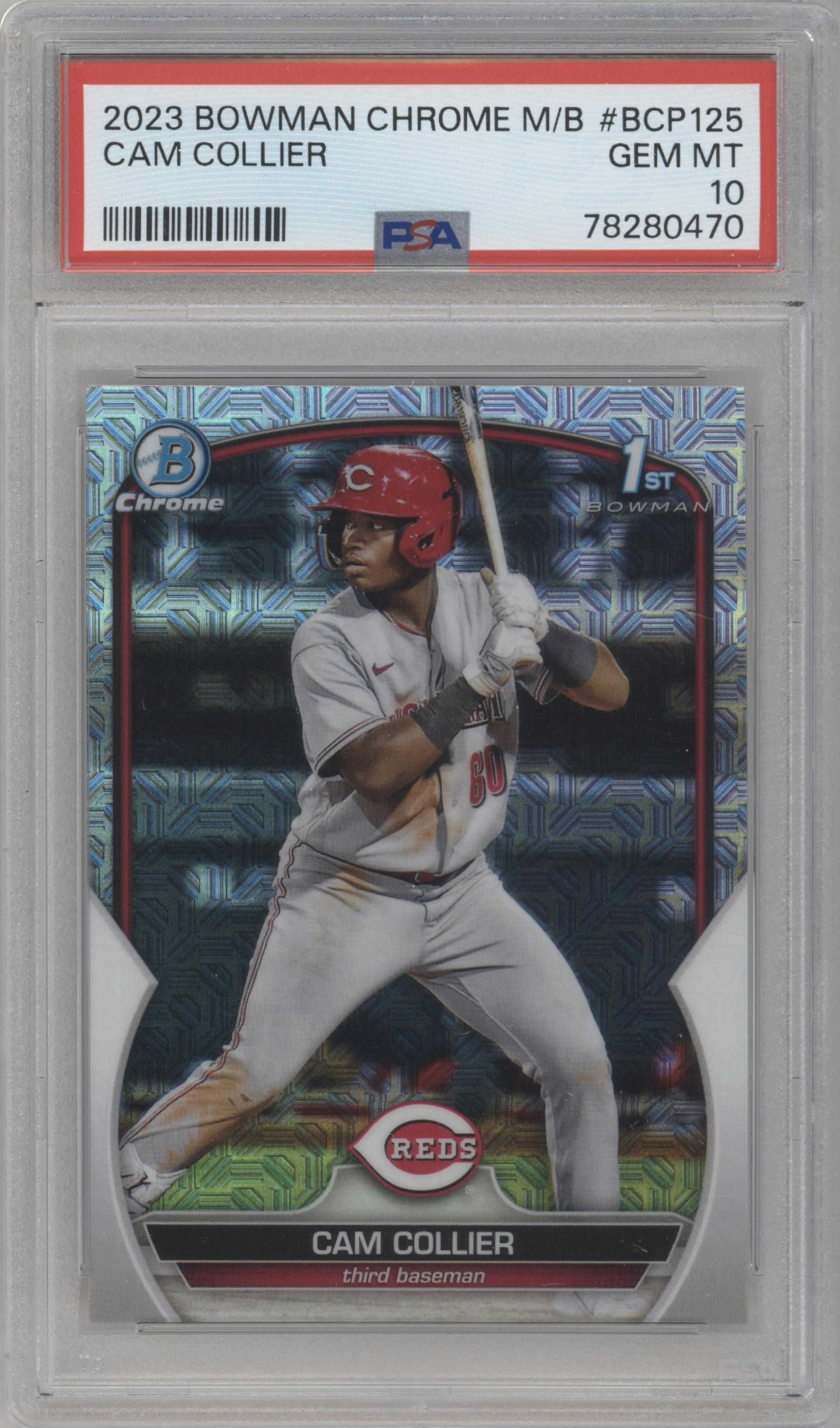 Cam Collier from the 2023 Bowman Mega Box set graded by PSA and given an overall grade of 10.