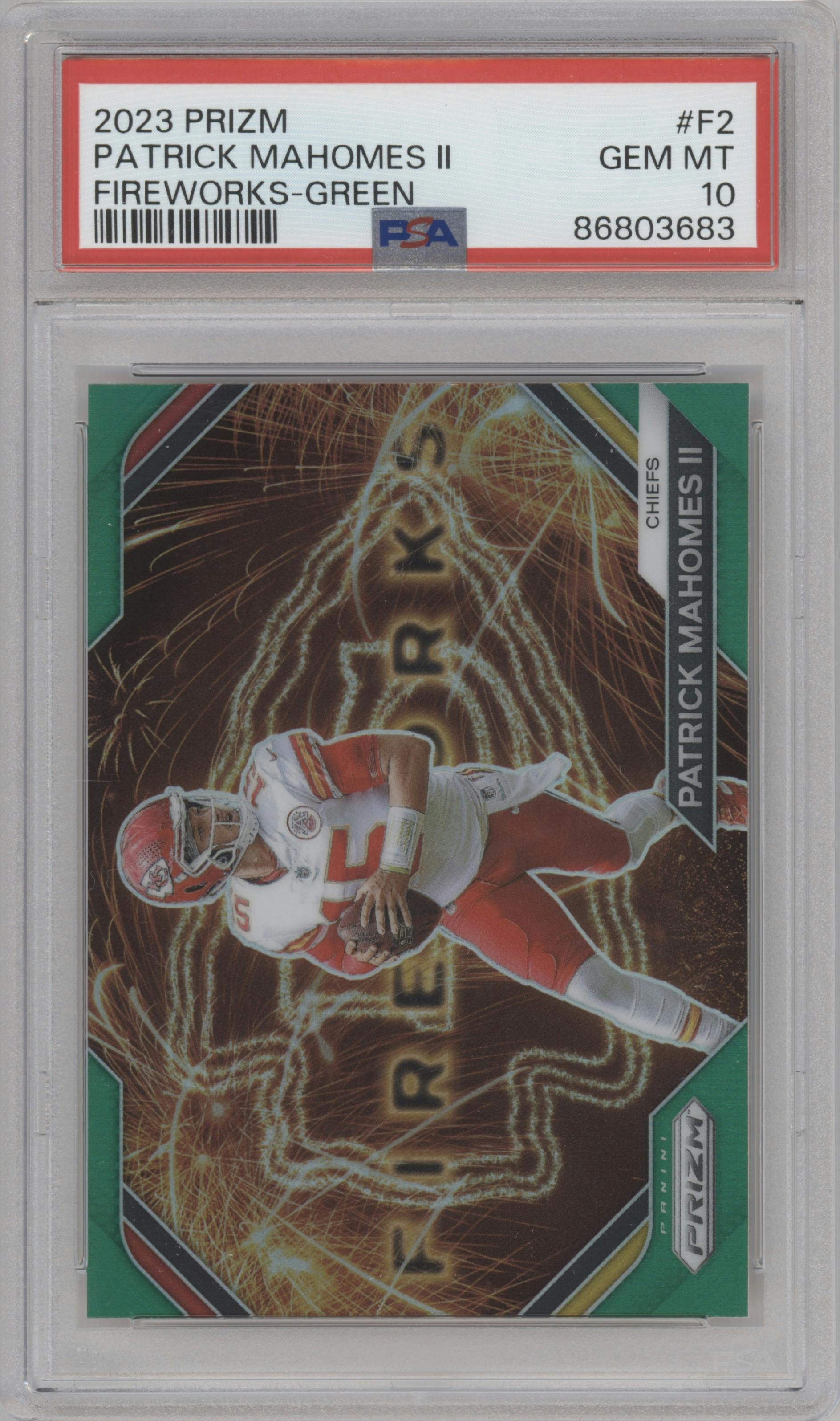 Patrick Mahomes II from the 2023 Panini Prizm set featuring a Green Prizm parallel graded by PSA and given an overall grade of 10.