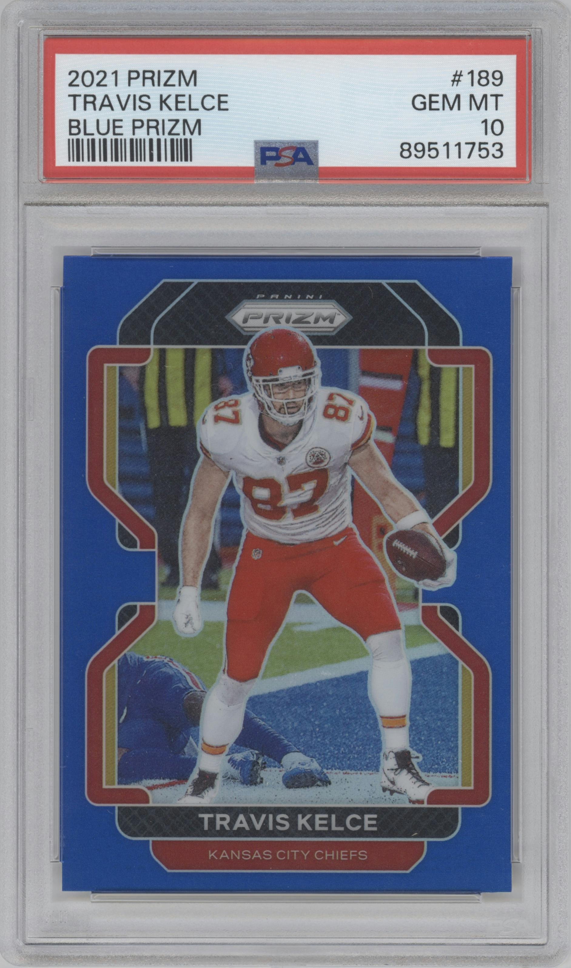 Travis Kelce from the 2021 Panini Prizm set featuring a Blue Prizm parallel graded by PSA and given an overall grade of 10.