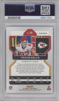 Travis Kelce from the 2021 Panini Prizm set featuring a Blue Prizm parallel graded by PSA and given an overall grade of 10.