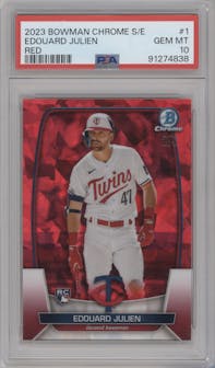 Edouard Julien from the 2023 Bowman Chrome Sapphire Edition set featuring a Red parallel graded by PSA and given an overall grade of 10.