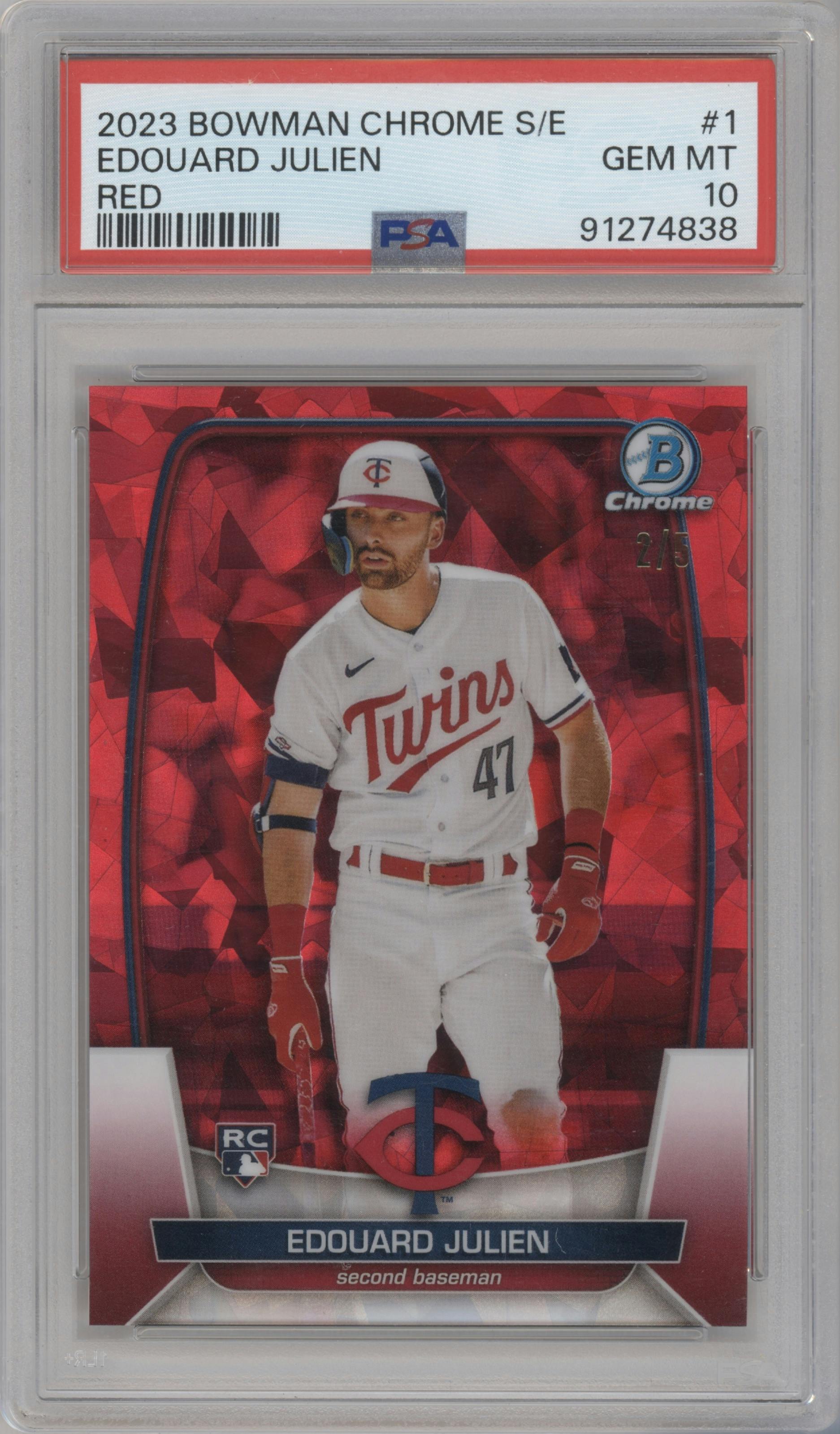 Edouard Julien from the 2023 Bowman Chrome Sapphire Edition set featuring a Red parallel graded by PSA and given an overall grade of 10.
