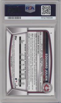 Edouard Julien from the 2023 Bowman Chrome Sapphire Edition set featuring a Red parallel graded by PSA and given an overall grade of 10.