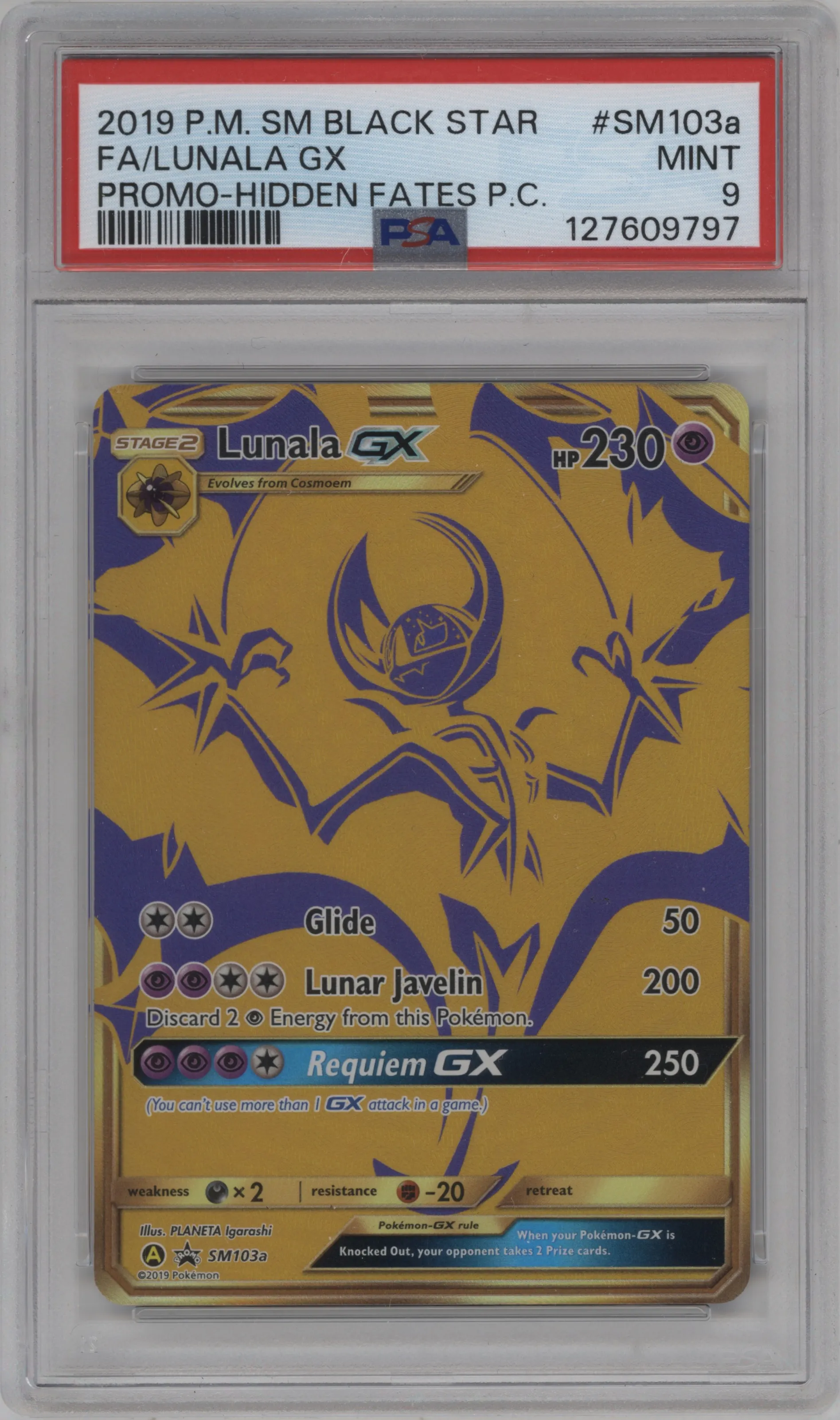 2019 Pokemon S&M Lunala GX Hidden Fates PC #SM103a PSA 9