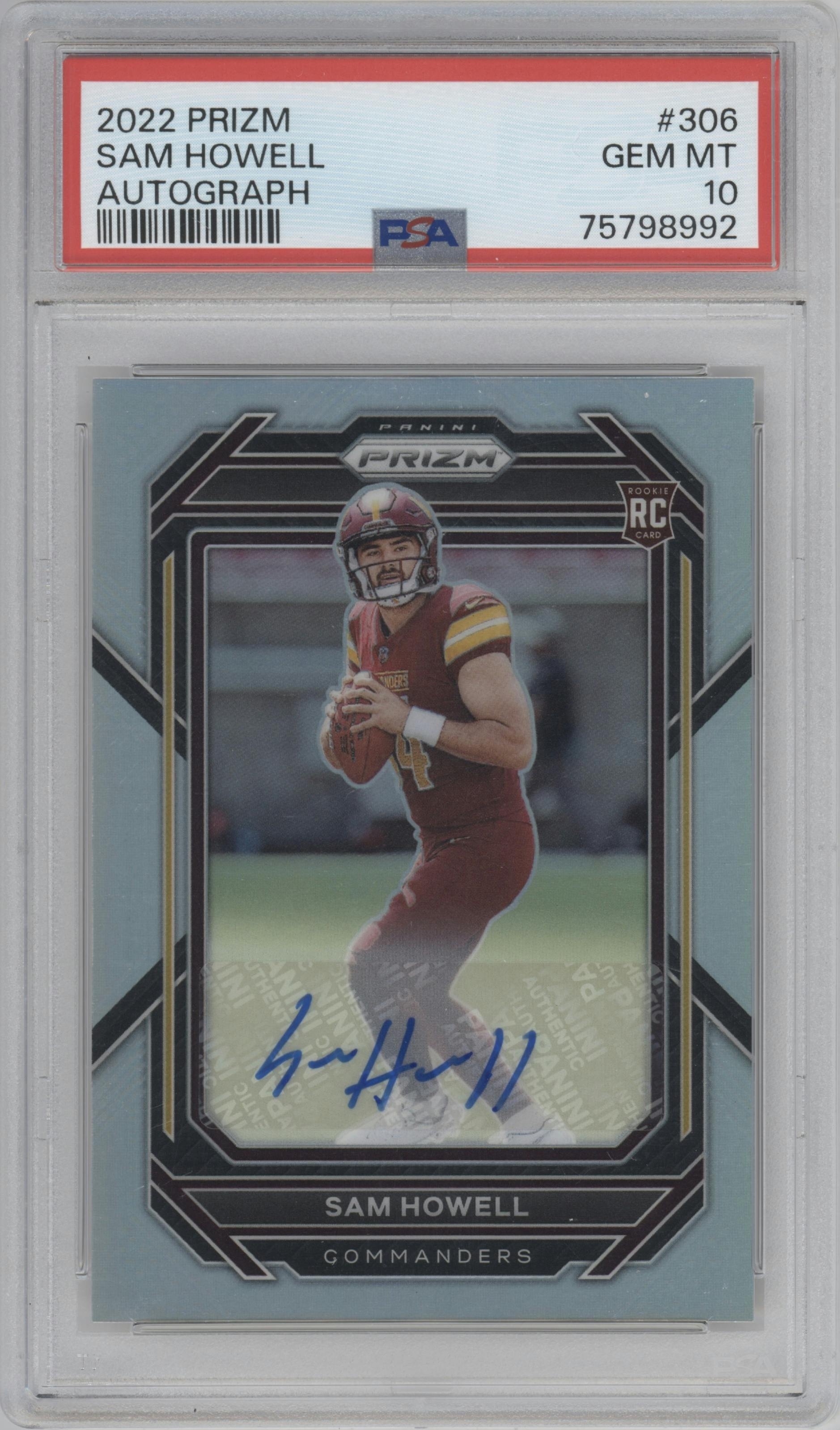 Sam Howell from the 2022 Panini Prizm set graded by PSA and given an overall grade of 10.