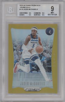 Jaden McDaniels from the 2023-24 Panini Prizm Deca set featuring a Gold Prizm parallel graded by Beckett and given an overall grade of 9.