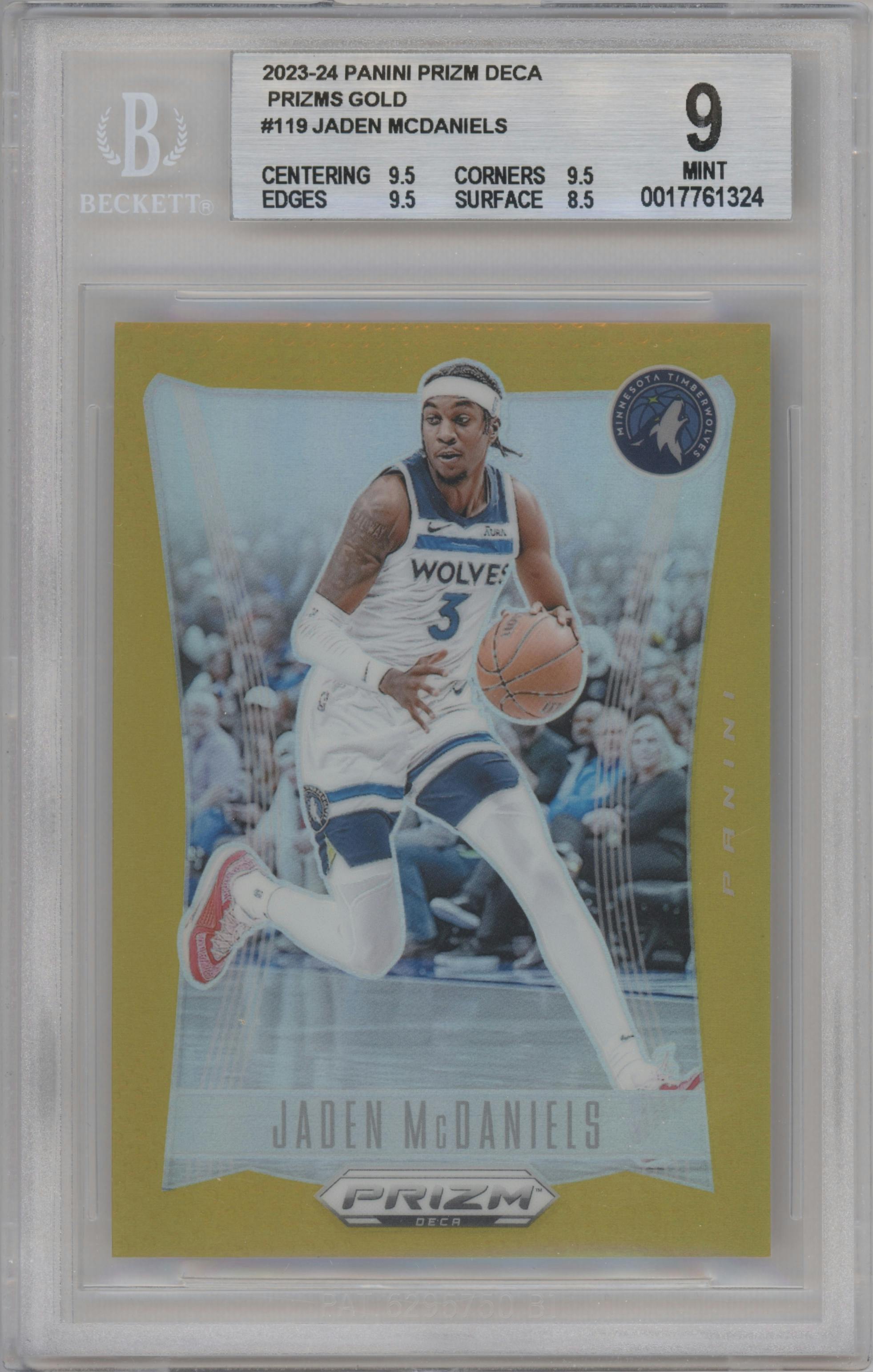 Jaden McDaniels from the 2023-24 Panini Prizm Deca set featuring a Gold Prizm parallel graded by Beckett and given an overall grade of 9.