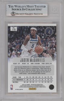 Jaden McDaniels from the 2023-24 Panini Prizm Deca set featuring a Gold Prizm parallel graded by Beckett and given an overall grade of 9.