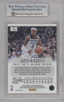 Jaden McDaniels from the 2023-24 Panini Prizm Deca set featuring a Gold Prizm parallel graded by Beckett and given an overall grade of 9.
