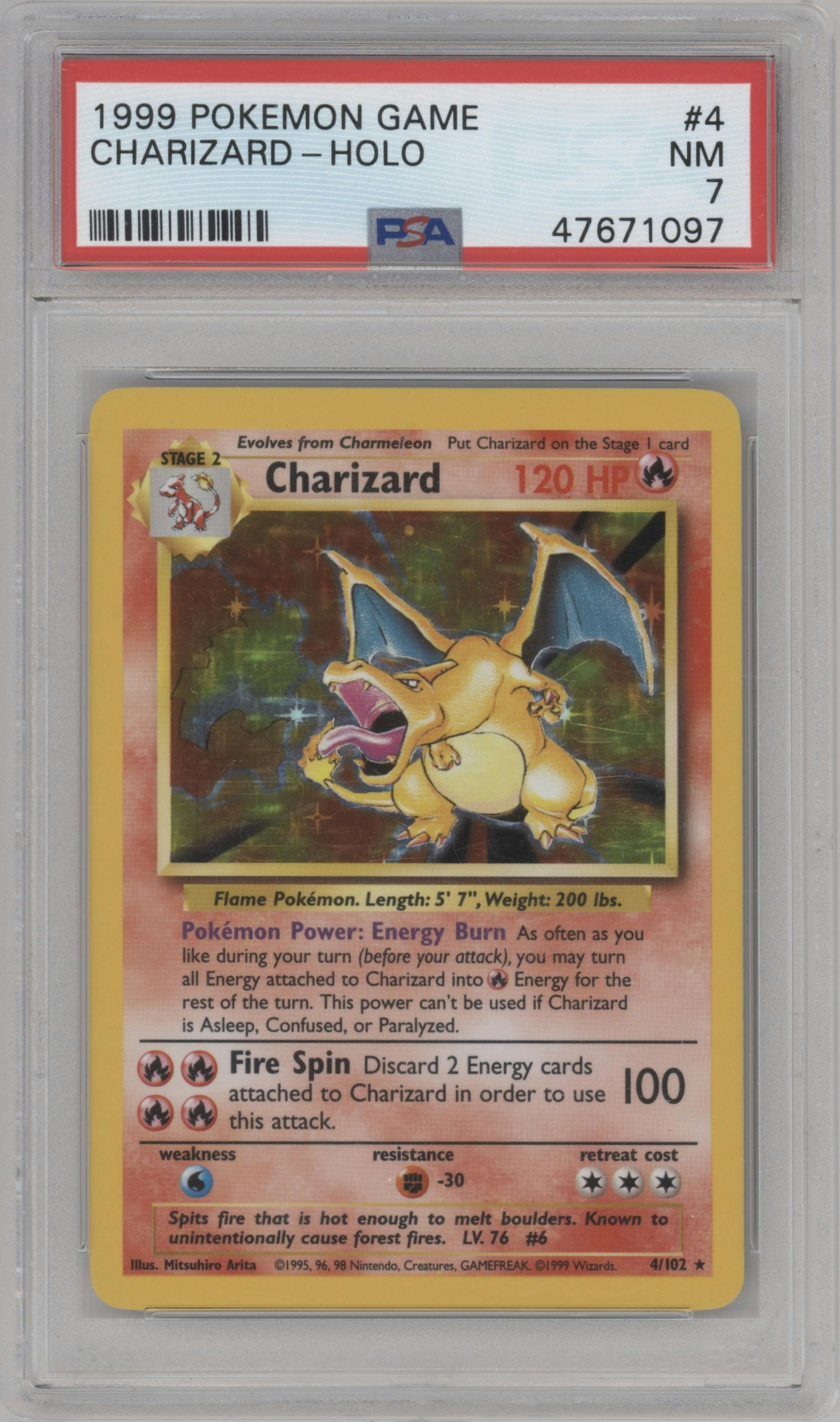 Charizard from the 1999 Pokemon set graded by PSA and given an overall grade of 7.