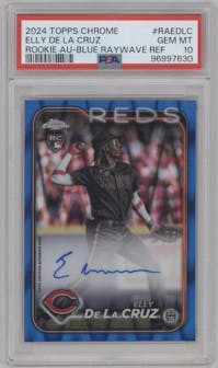 Elly De La Cruz from the 2024 Topps Chrome set featuring a Blue Ray Wave Refractor parallel graded by PSA and given an overall grade of 10.