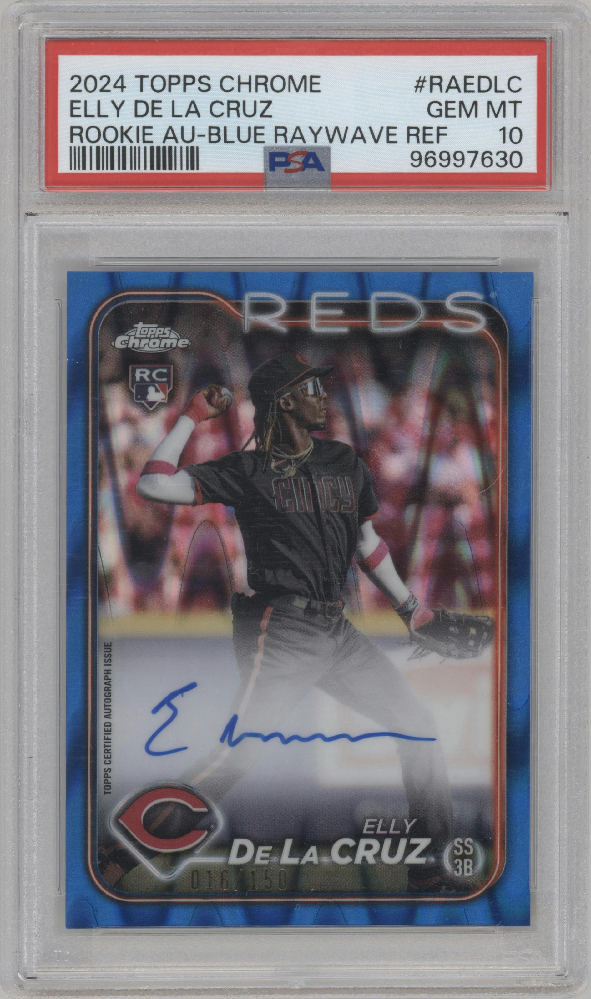 Elly De La Cruz from the 2024 Topps Chrome set featuring a Blue Ray Wave Refractor parallel graded by PSA and given an overall grade of 10.
