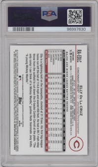 Elly De La Cruz from the 2024 Topps Chrome set featuring a Blue Ray Wave Refractor parallel graded by PSA and given an overall grade of 10.