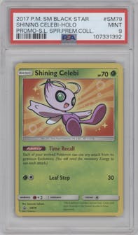 Shining Celebi from the 2017 Pokemon S&M set featuring a Shining Legends Super Premium Collection parallel graded by PSA and given an overall grade of 9.