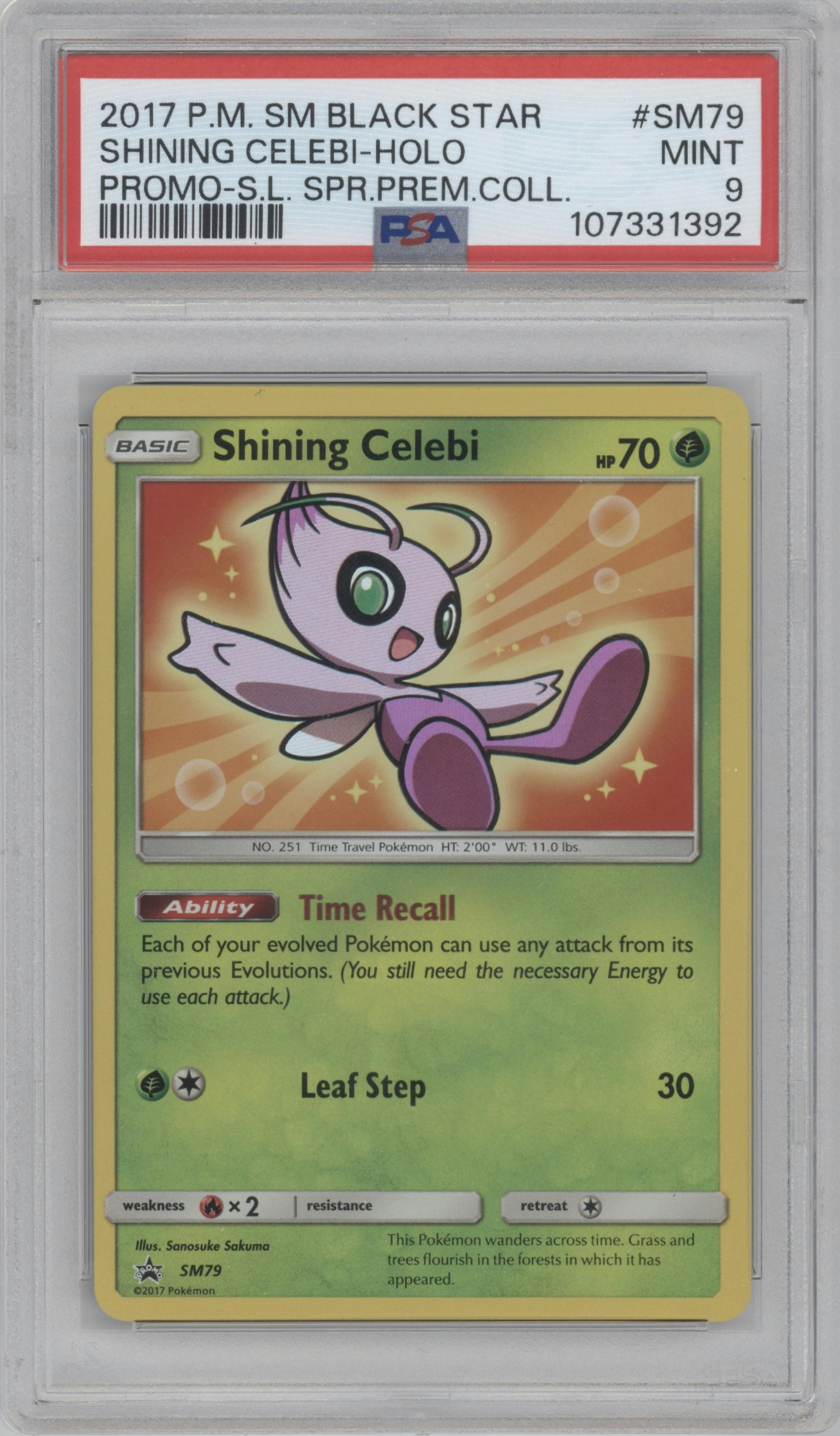 Shining Celebi from the 2017 Pokemon S&M set featuring a Shining Legends Super Premium Collection parallel graded by PSA and given an overall grade of 9.