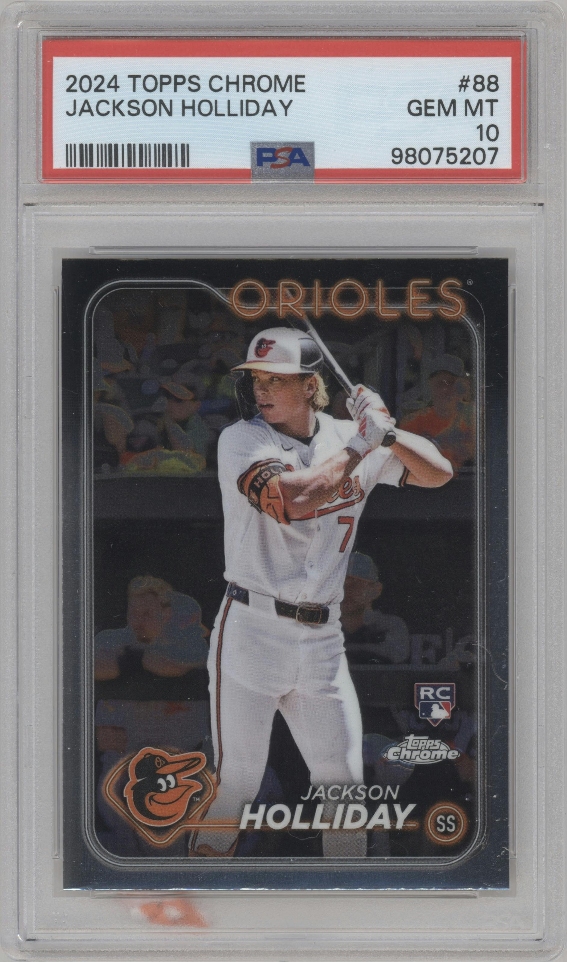 Jackson Holliday from the 2024 Topps Chrome set graded by PSA and given an overall grade of 10.