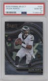 Jalen Hurts from the 2020 Panini Select set graded by PSA and given an overall grade of 10.