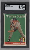 Warren Spahn from the 1958 Topps set graded by SGC and given an overall grade of 1.5.
