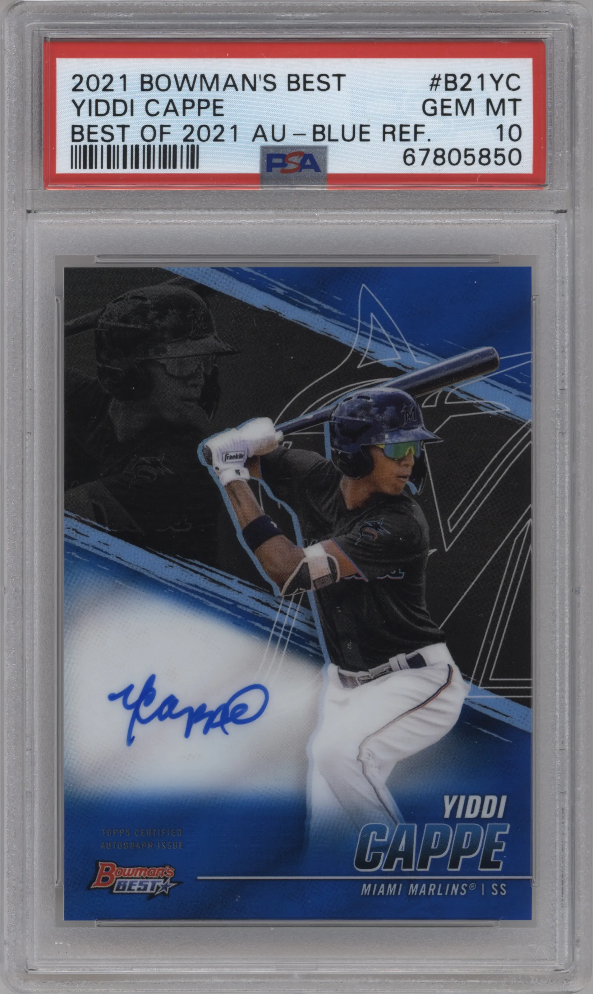 2021 Bowman’s Best Best of '21 Auto Yiddi Cappe Blue Refractor PSA 10