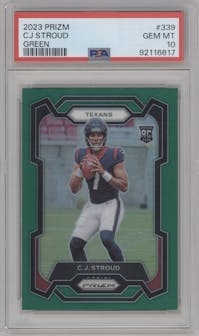 C.J. Stroud from the 2023 Panini Prizm set featuring a Green Prizm parallel graded by PSA and given an overall grade of 10.