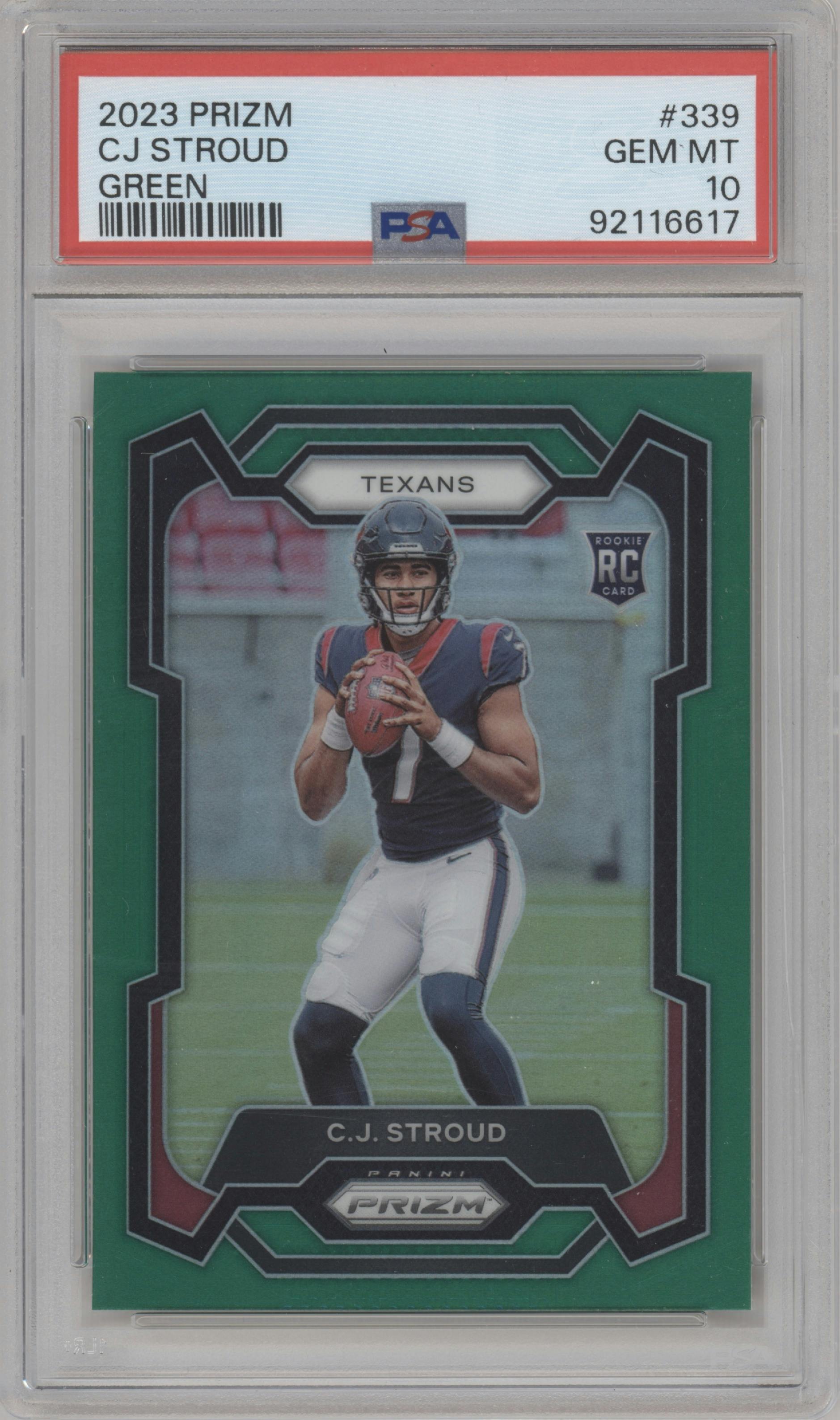 C.J. Stroud from the 2023 Panini Prizm set featuring a Green Prizm parallel graded by PSA and given an overall grade of 10.