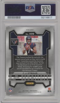 C.J. Stroud from the 2023 Panini Prizm set featuring a Green Prizm parallel graded by PSA and given an overall grade of 10.