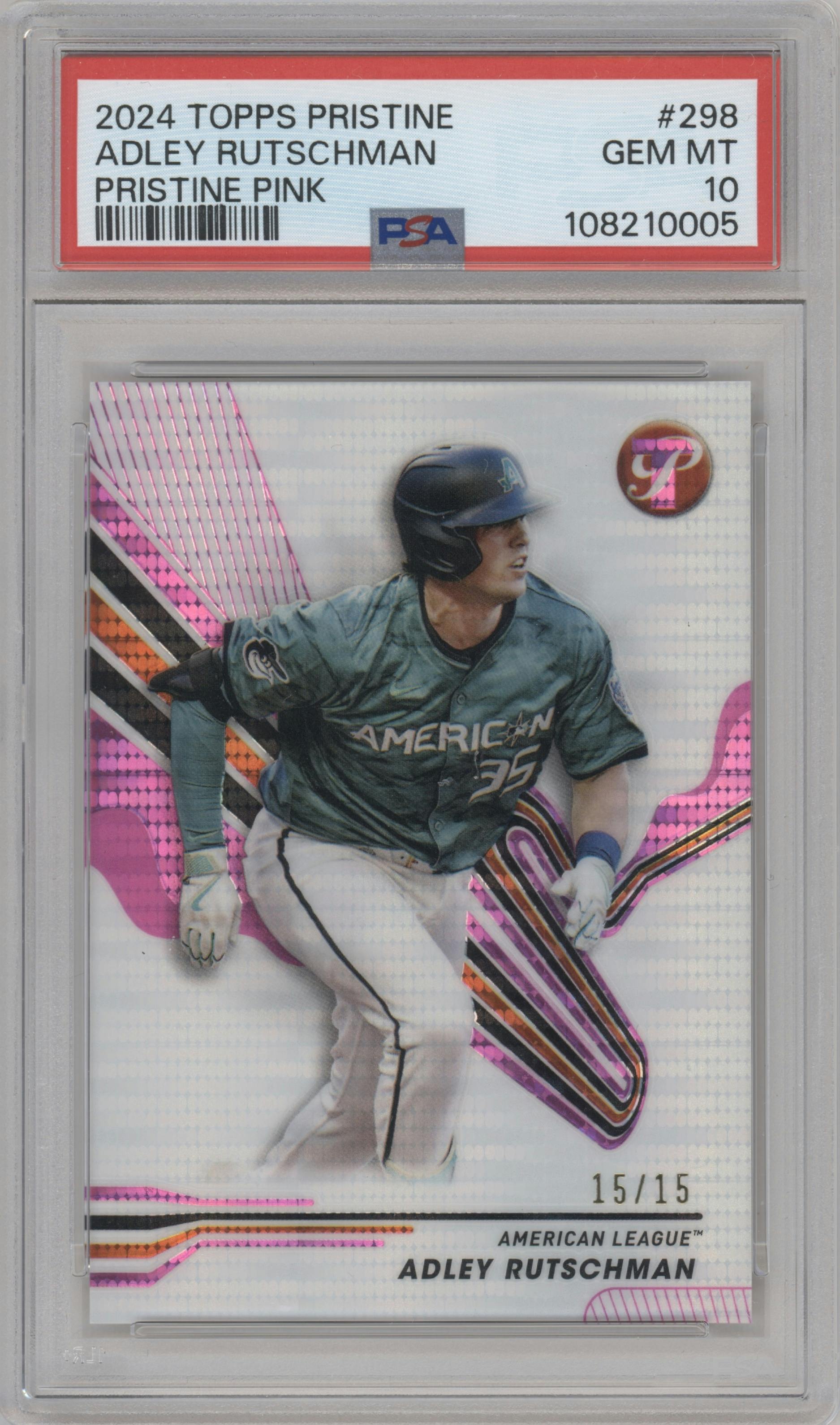 Adley Rutschman from the 2024 Topps Pristine set featuring a Pink Pristine Pulsar Refractor parallel graded by PSA and given an overall grade of 10.