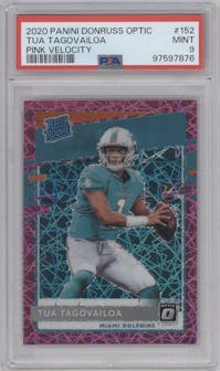 Tua Tagovailoa from the 2020 Panini Donruss Optic set featuring a Pink Velocity parallel graded by PSA and given an overall grade of 9.