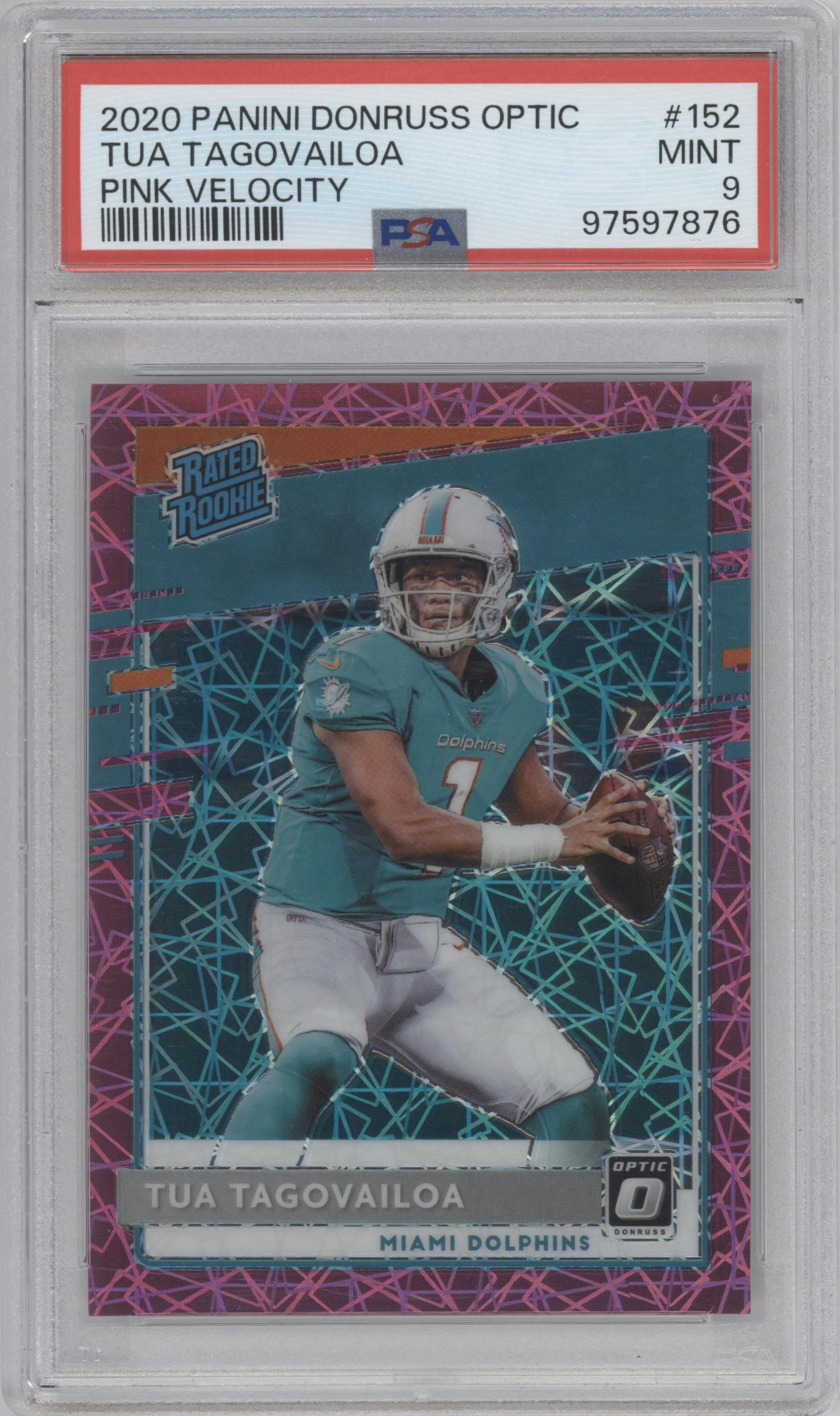 Tua Tagovailoa from the 2020 Panini Donruss Optic set featuring a Pink Velocity parallel graded by PSA and given an overall grade of 9.