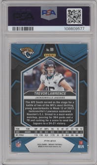 Trevor Lawrence from the 2024 Panini Mosaic set featuring a Genesis parallel graded by PSA and given an overall grade of 10.