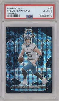 Trevor Lawrence from the 2024 Panini Mosaic set featuring a Genesis parallel graded by PSA and given an overall grade of 10.