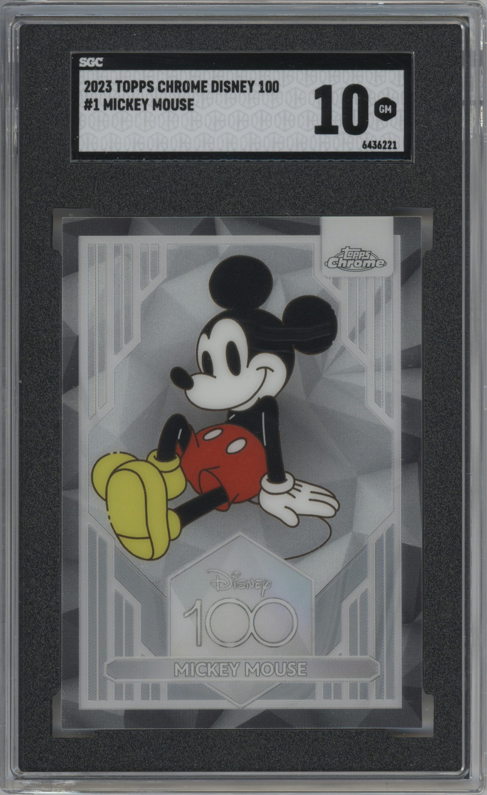 Mickey Mouse from the 2023 Topps Chrome Disney 100 set graded by SGC and given an overall grade of 10.