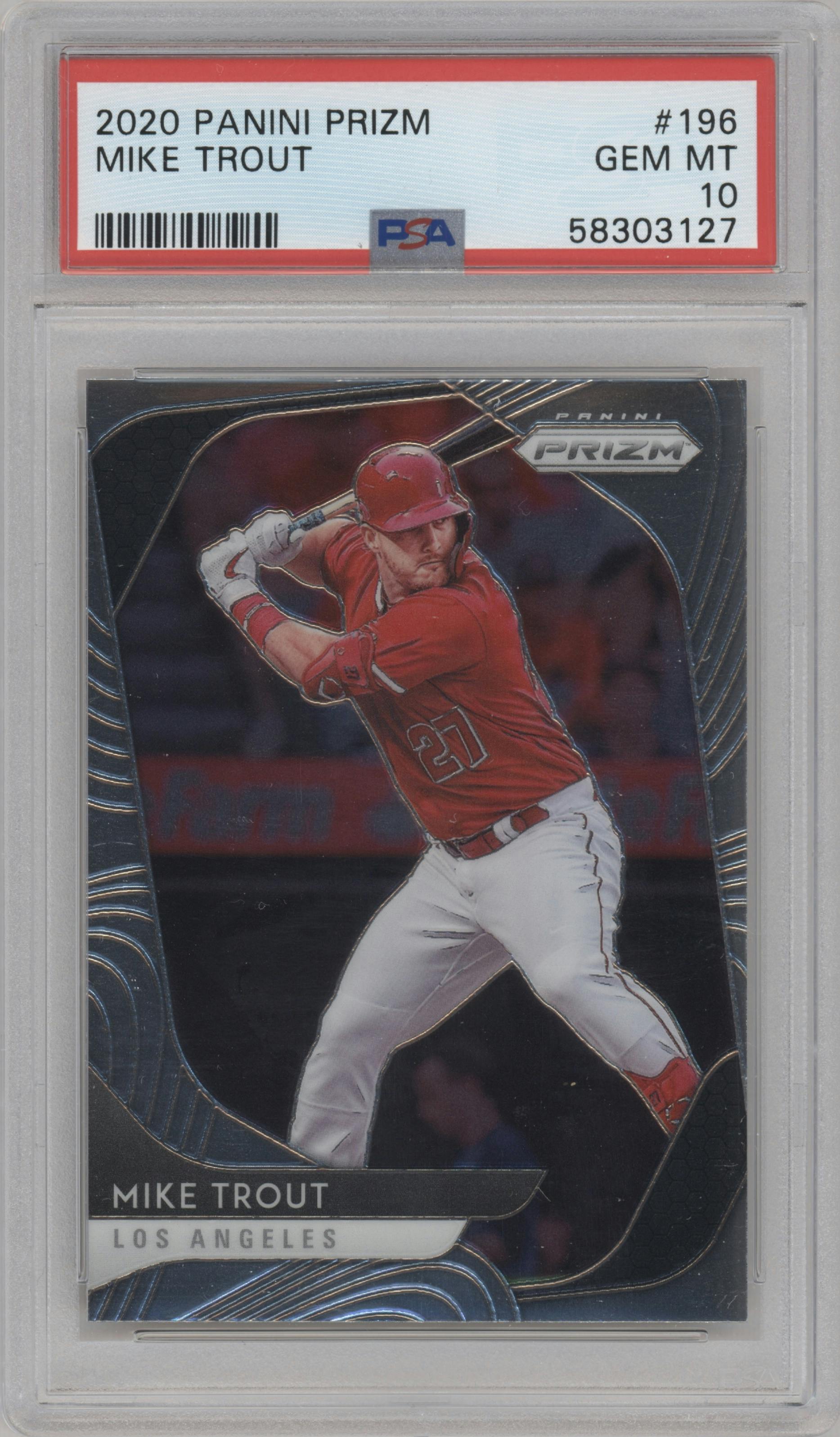 Mike Trout from the 2020 Panini Prizm set graded by PSA and given an overall grade of 10.