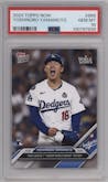 Yoshinobu Yamamoto from the 2024 Topps Now set graded by PSA and given an overall grade of 10.