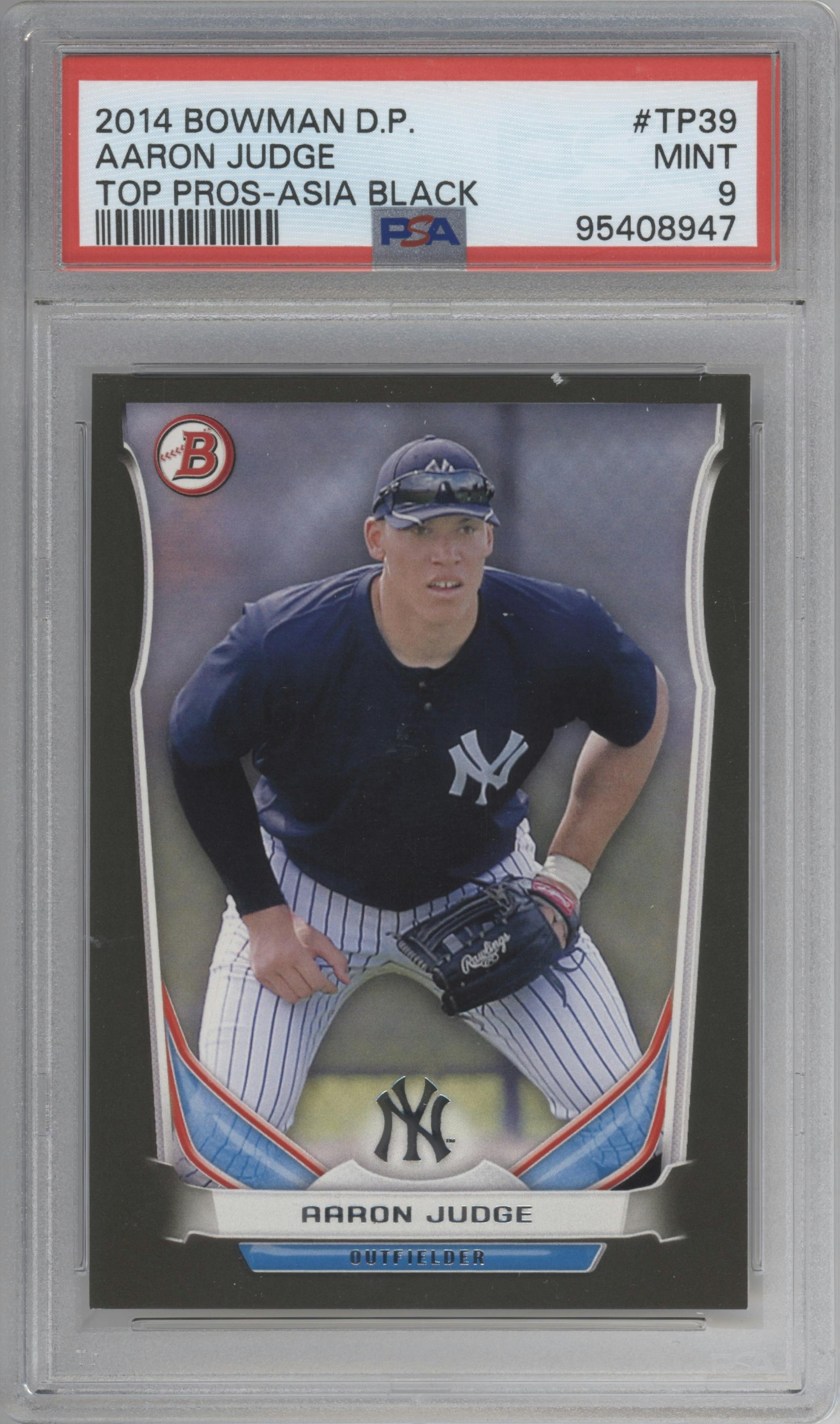 Aaron Judge from the 2014 Bowman Draft  set featuring a Black parallel graded by PSA and given an overall grade of 9.