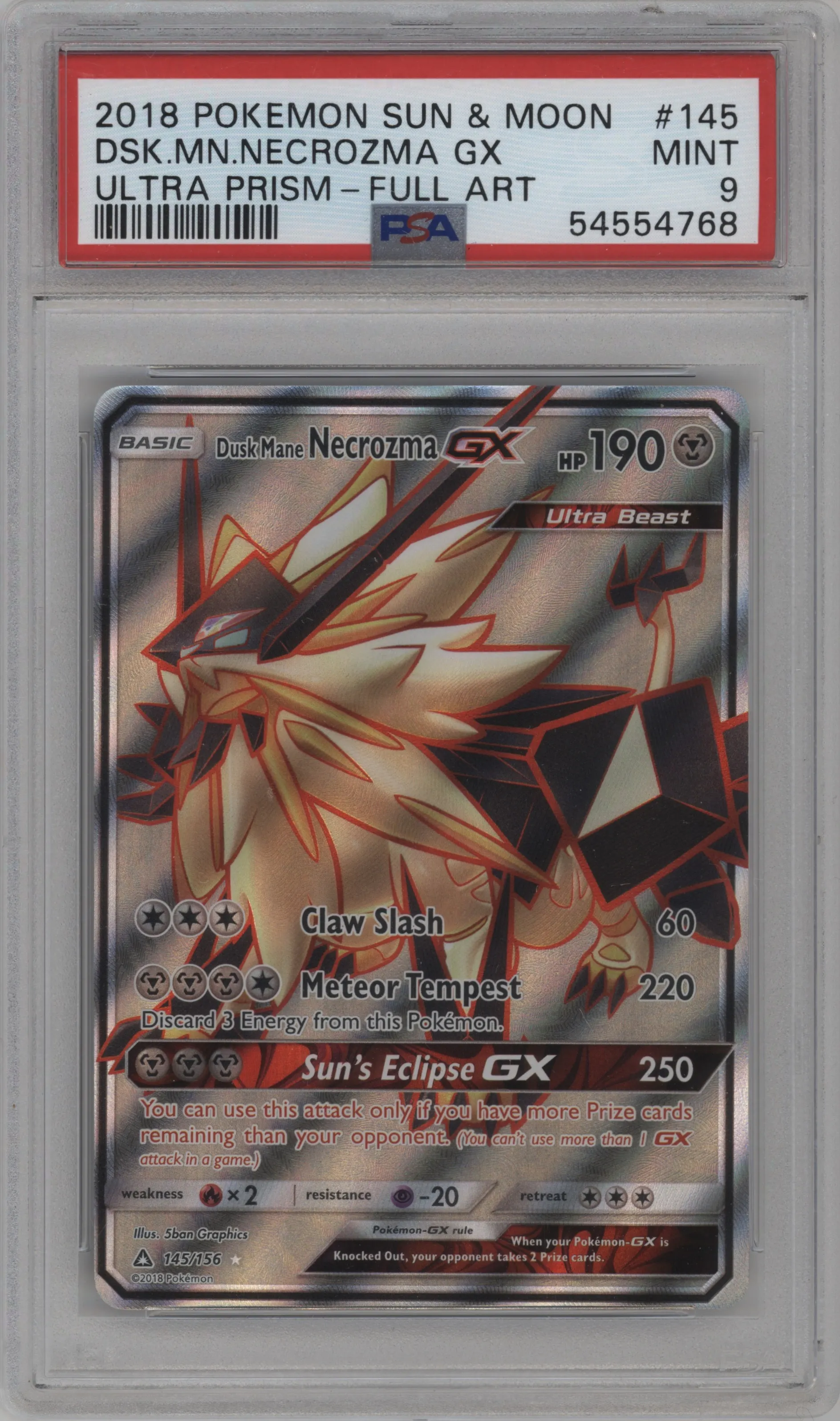 2018 Pokemon S&M Ultra Prism Dusk Mane Necrozma GX #145 PSA 9