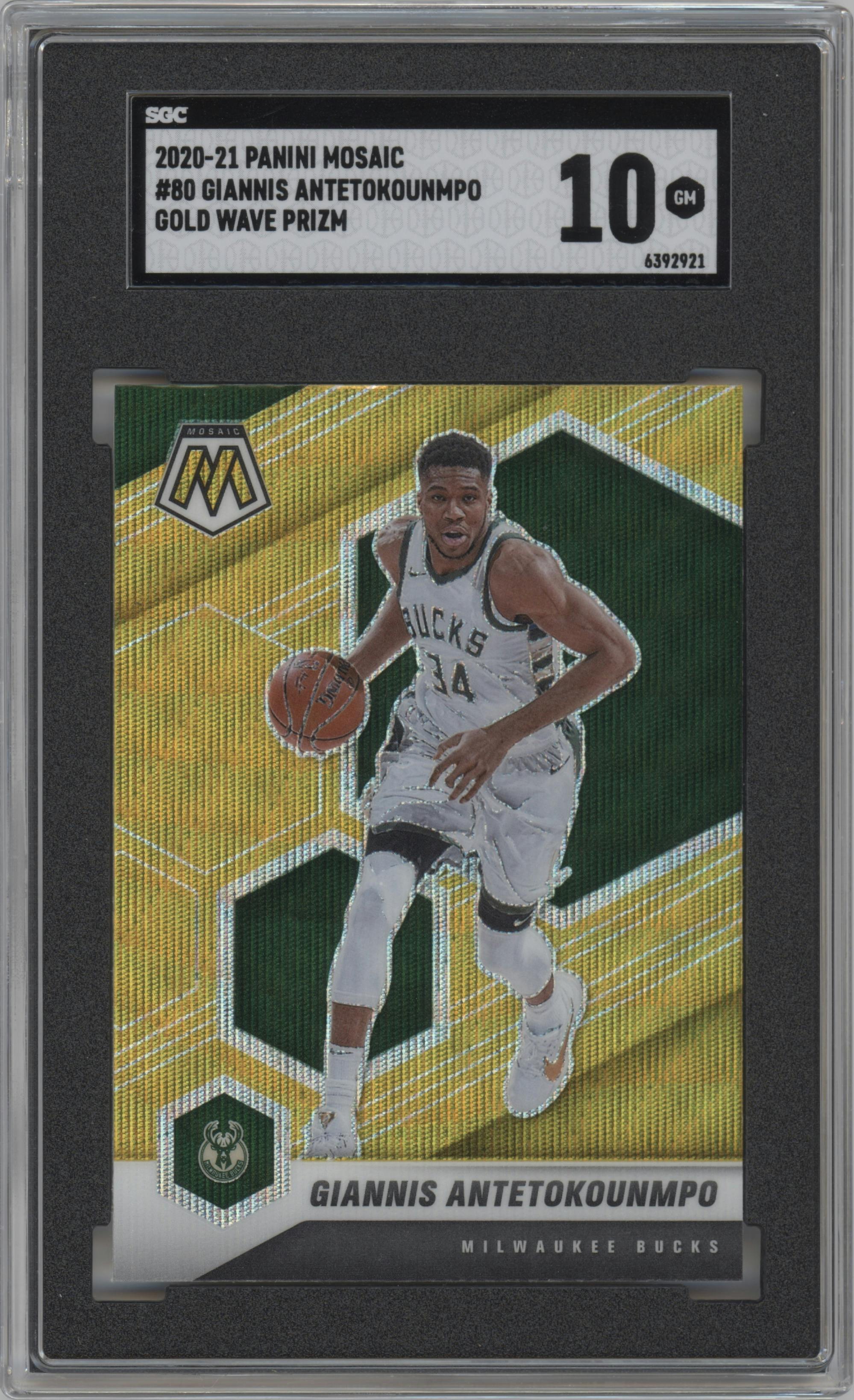 Giannis Antetokounmpo from the 2020-21 Panini Mosaic set featuring a Gold Wave parallel graded by SGC and given an overall grade of 10.