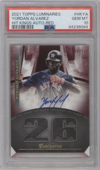 Yordan Alvarez from the 2021 Topps Luminaries set featuring a Red parallel graded by PSA and given an overall grade of 10.