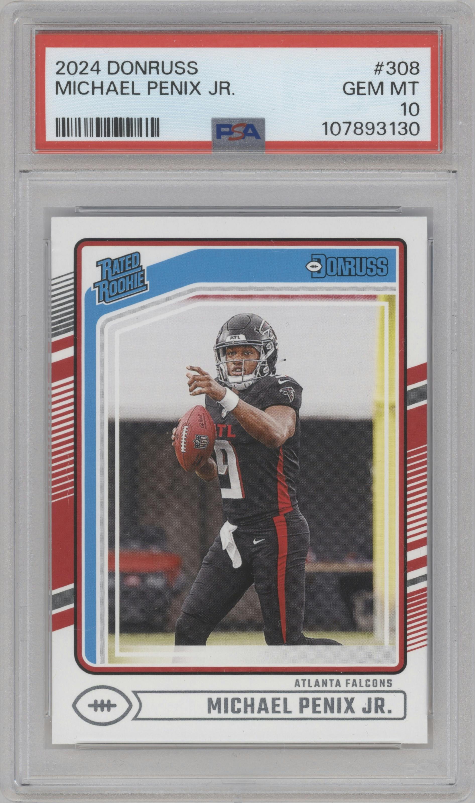 Michael Penix Jr. from the 2024 Donruss set graded by PSA and given an overall grade of 10.