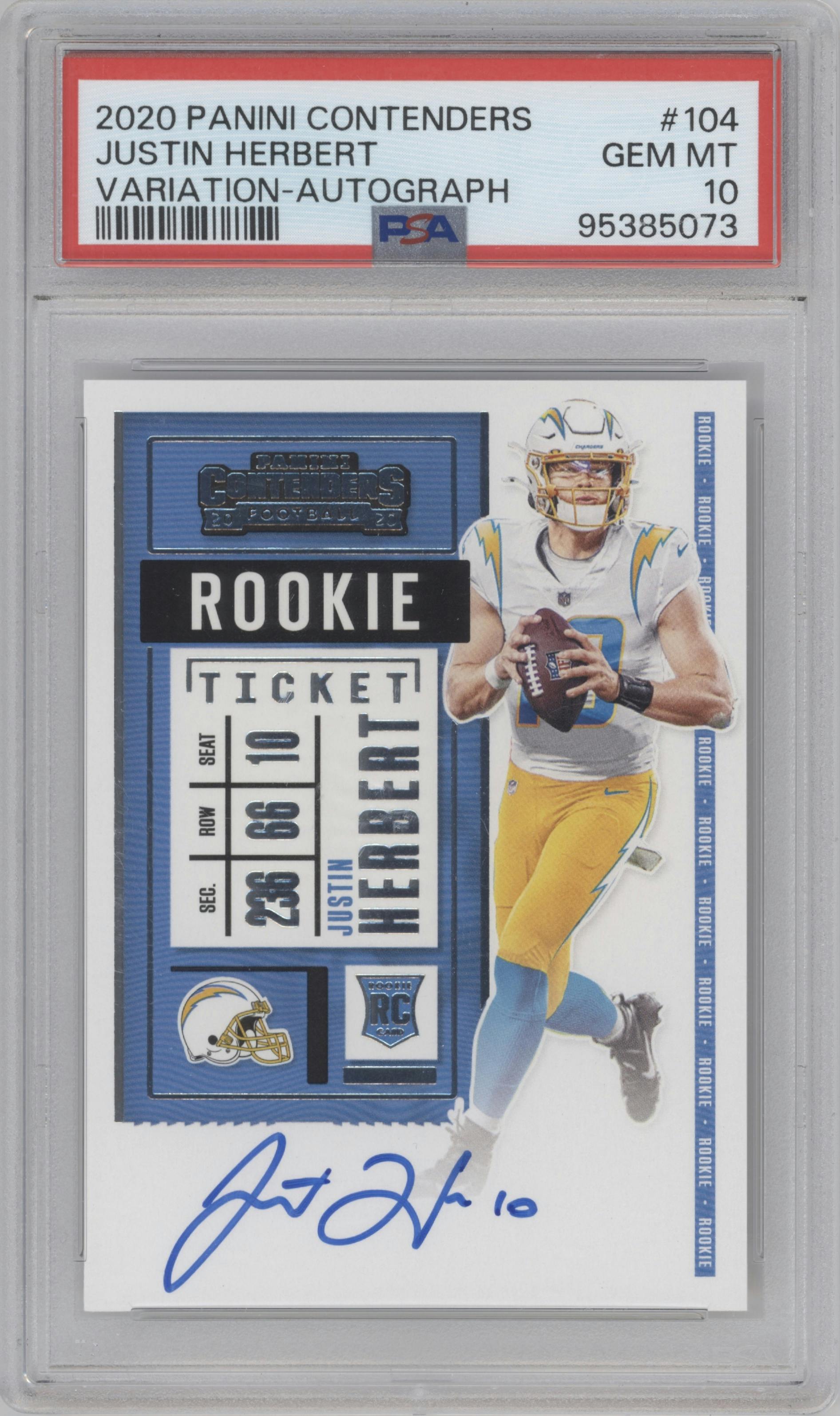 Justin Herbert from the 2020 Panini Contenders set graded by PSA and given an overall grade of 10.