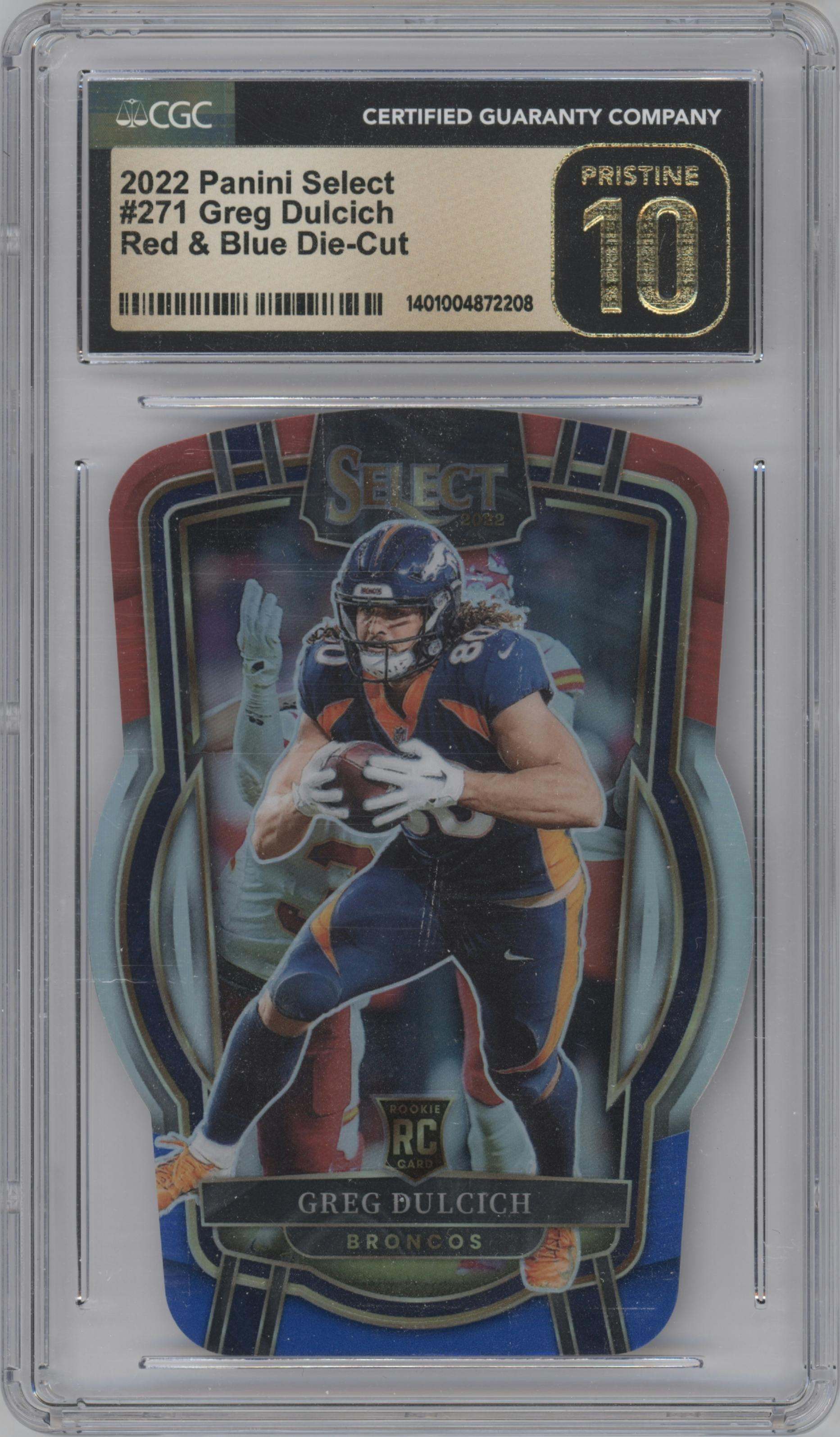 Greg Dulcich from the 2022 Panini Select set featuring a Die-Cut Red/Blue parallel graded by CSG and given an overall grade of 10.