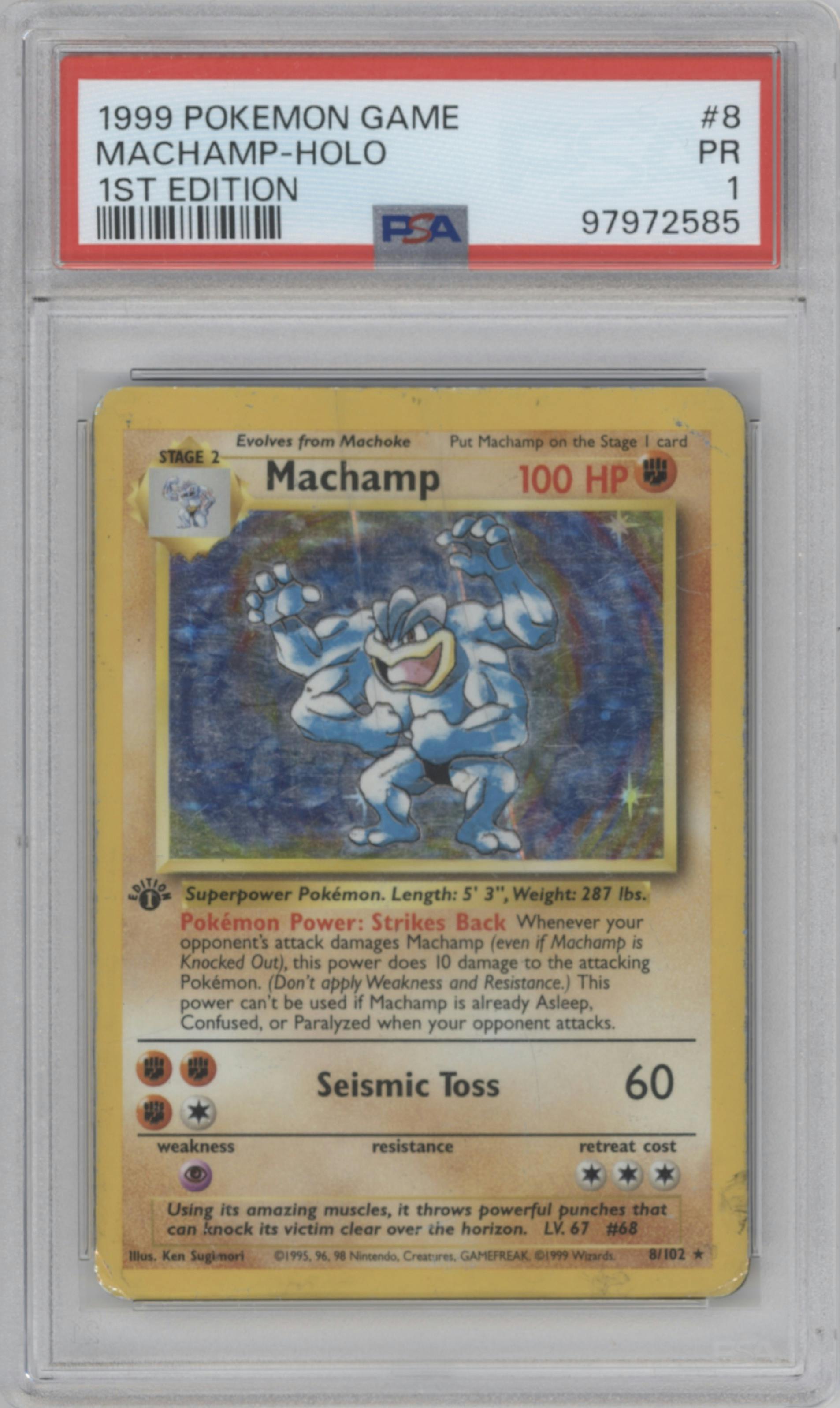 Machamp from the 1999 Pokemon set graded by PSA and given an overall grade of 1.