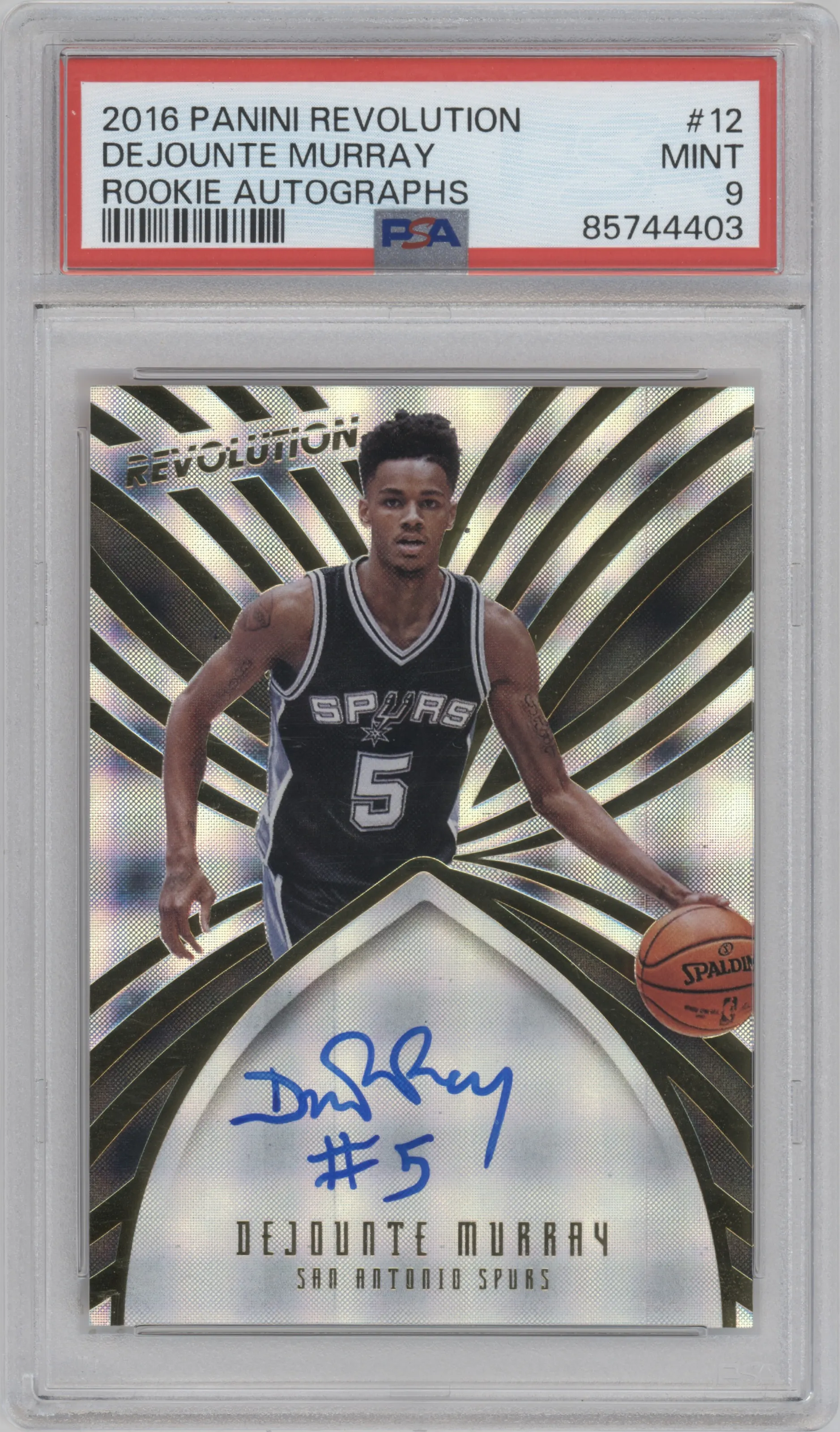 Dejounte Murray from the 2016-17 Panini Revolution  set graded by PSA and given an overall grade of 9.