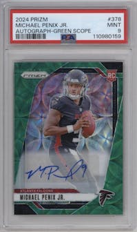 Michael Penix Jr. from the 2024 Panini Prizm set featuring a Green Scope parallel graded by PSA and given an overall grade of 9.