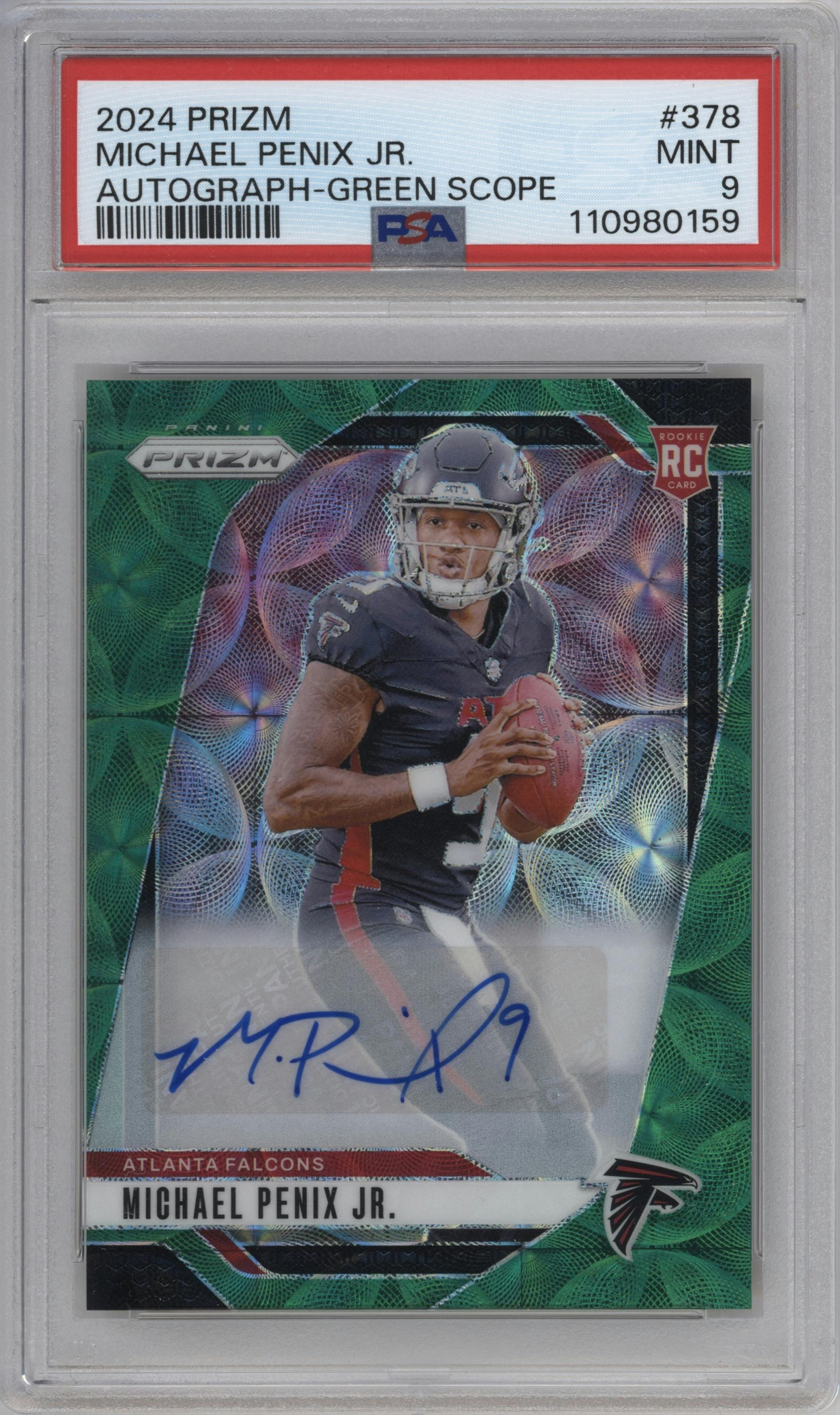 Michael Penix Jr. from the 2024 Panini Prizm set featuring a Green Scope parallel graded by PSA and given an overall grade of 9.