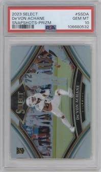 De'Von Achane from the 2023 Panini Select set featuring a Prizm parallel graded by PSA and given an overall grade of 10.