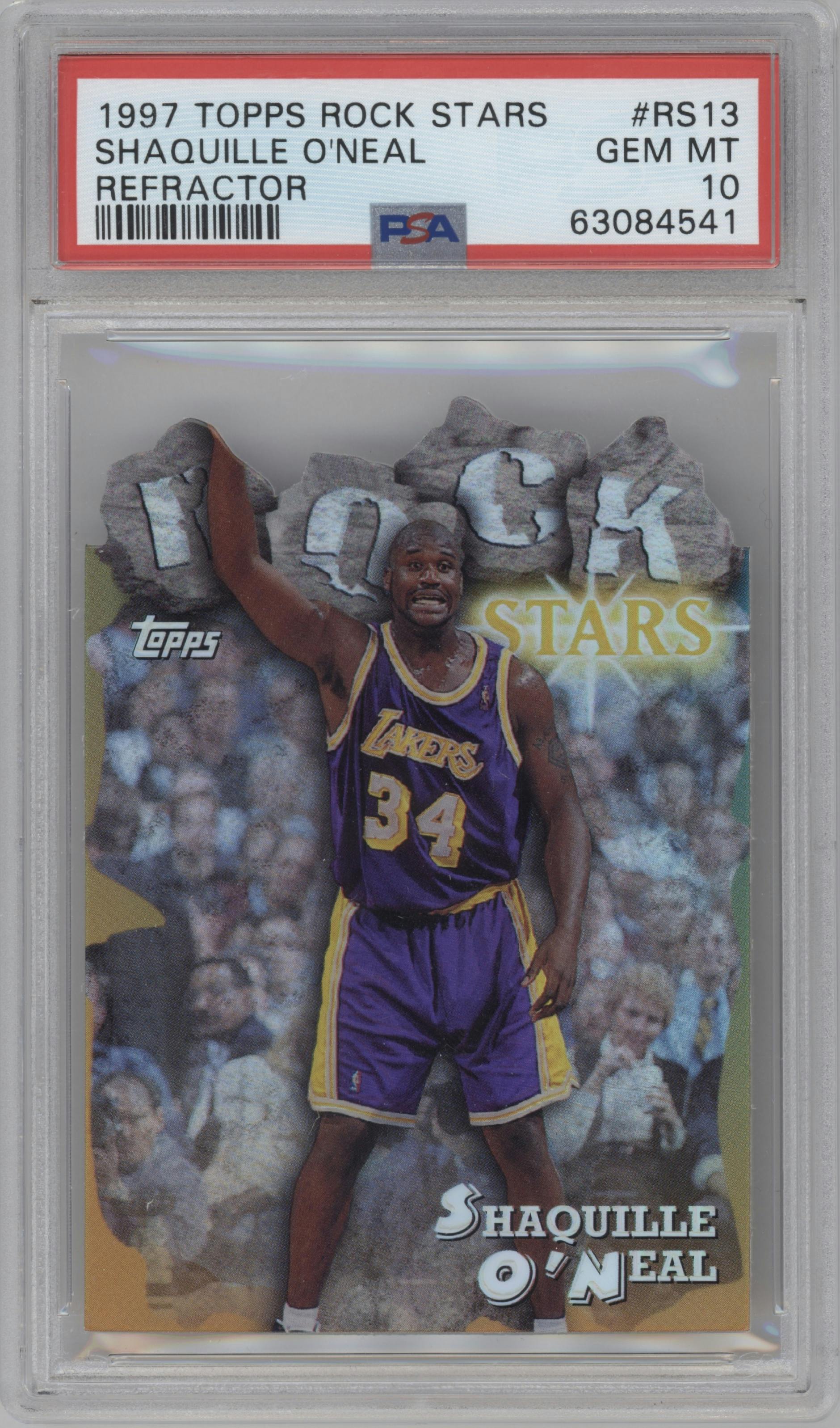 Shaquille O'Neal from the 1997-98 Topps  set featuring a Refractor parallel graded by PSA and given an overall grade of 10.