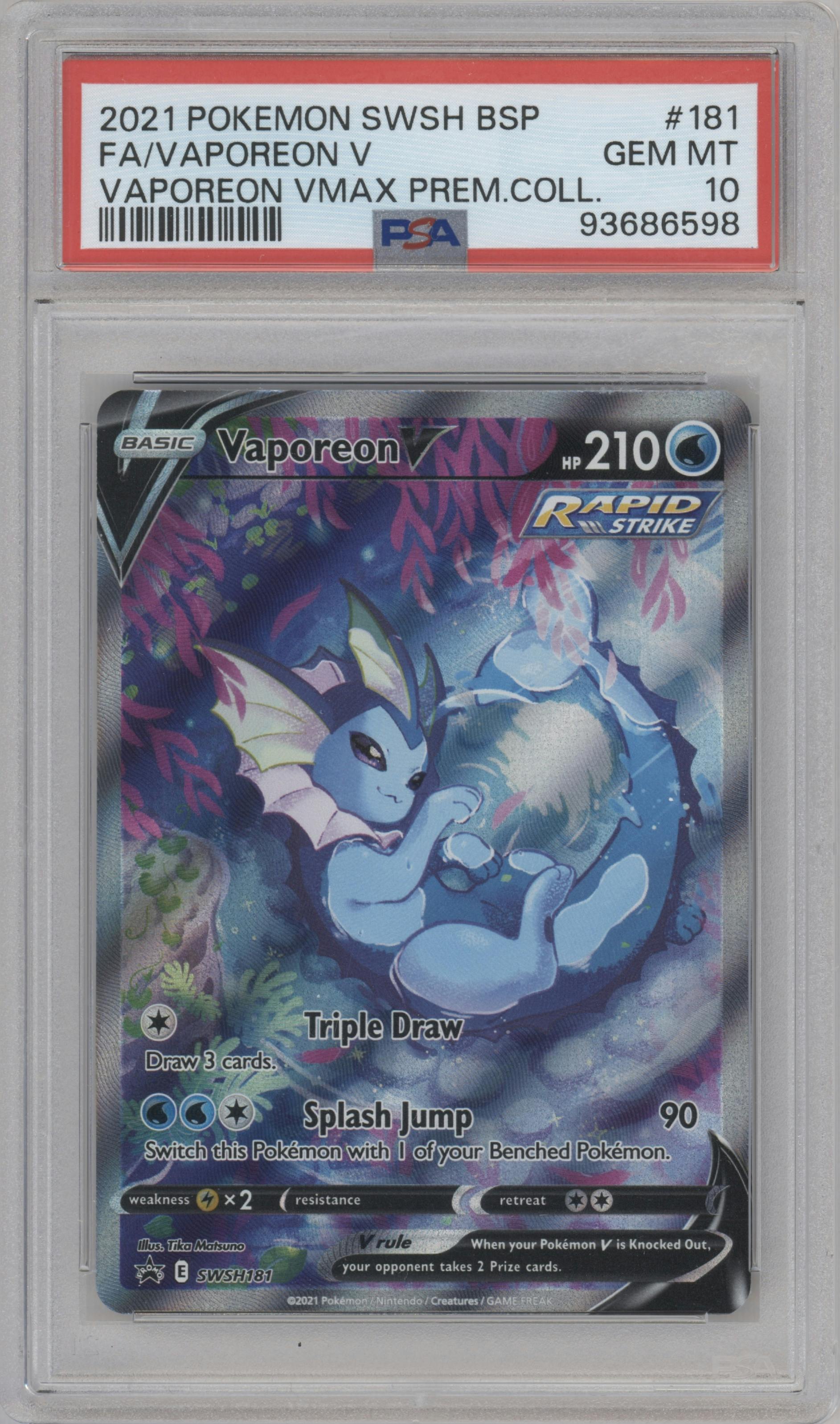 Vaporeon V from the 2021 Pokemon SWSH set featuring a Vaporeon VMAX Premium Collection parallel graded by PSA and given an overall grade of 10.