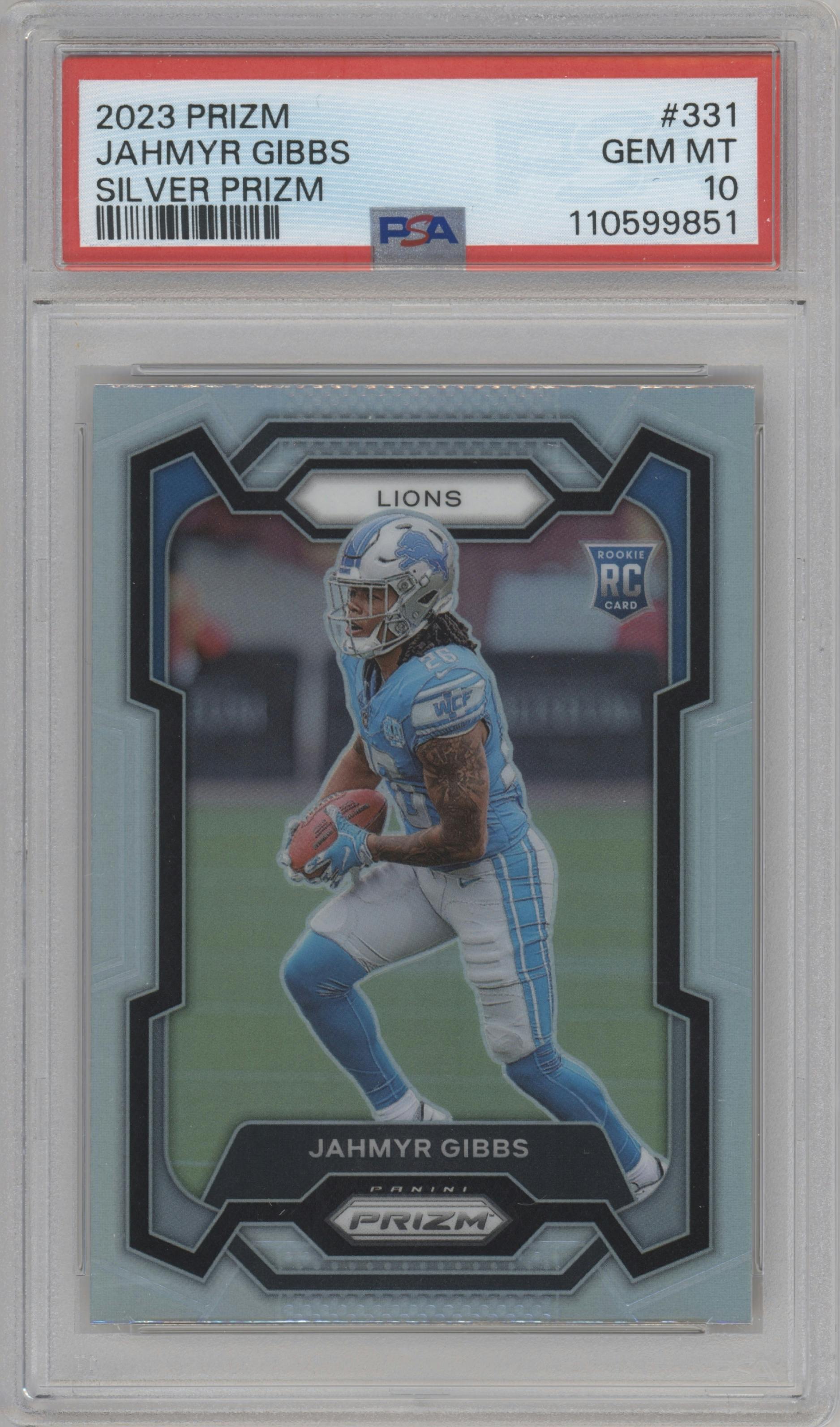 Jahmyr Gibbs from the 2023 Panini Prizm set featuring a Silver Prizm parallel graded by PSA and given an overall grade of 10.