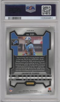 Jahmyr Gibbs from the 2023 Panini Prizm set featuring a Silver Prizm parallel graded by PSA and given an overall grade of 10.